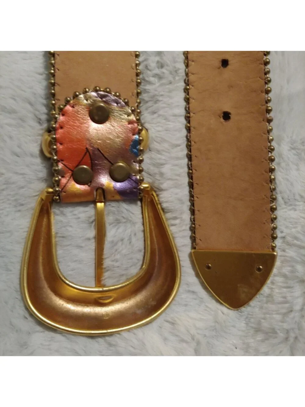 B.B. Simon Leather Belt Art Y2K Maximalist Statement Gold Western Metallic